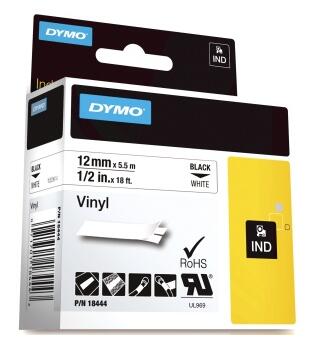 Tape DYMO Rhino vinyl sort/hvit 12mm